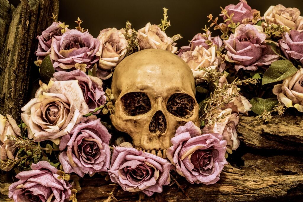 Caveira e rosas mortas.