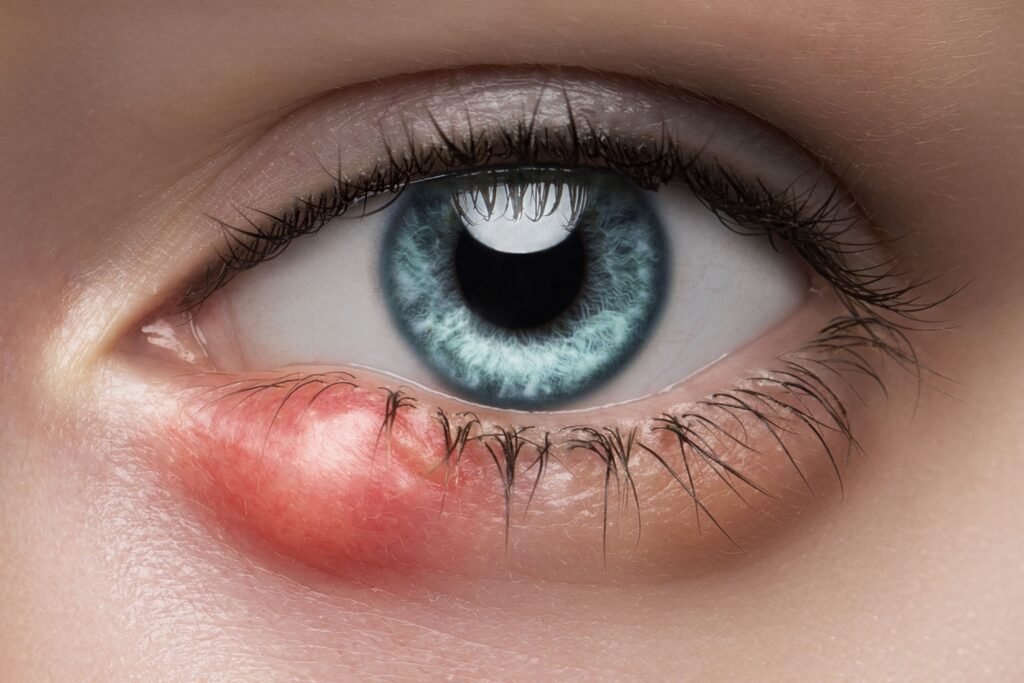 Mulher de olhos verdes com terçol.